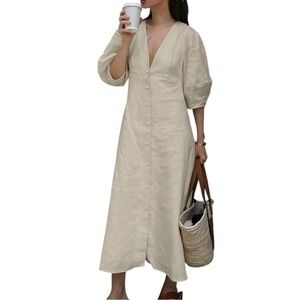 Commense Cotton Linen Beige Button Front Maxi Dress XS Tie Back Midi Boho